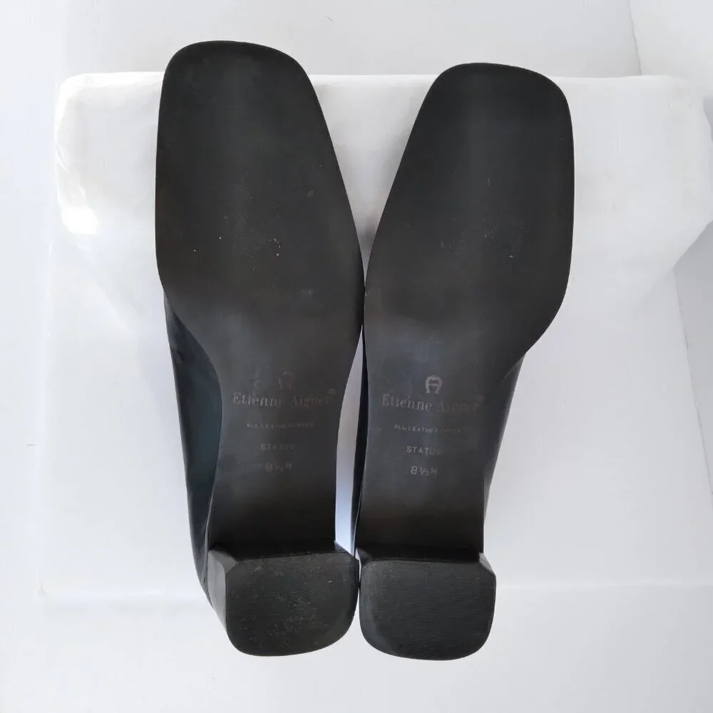 Stylish 90's Navy Leather 'Status' Slip On Square Toe Block Heel Shoes Sz 8.5 - Picture 7 of 10